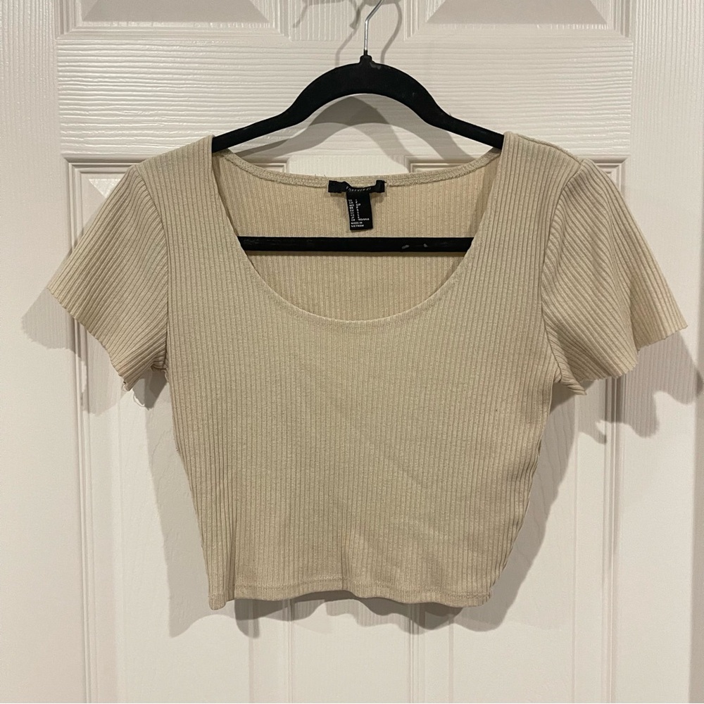 Cream Ribbed Crop Top Short Sleeve Forever 21